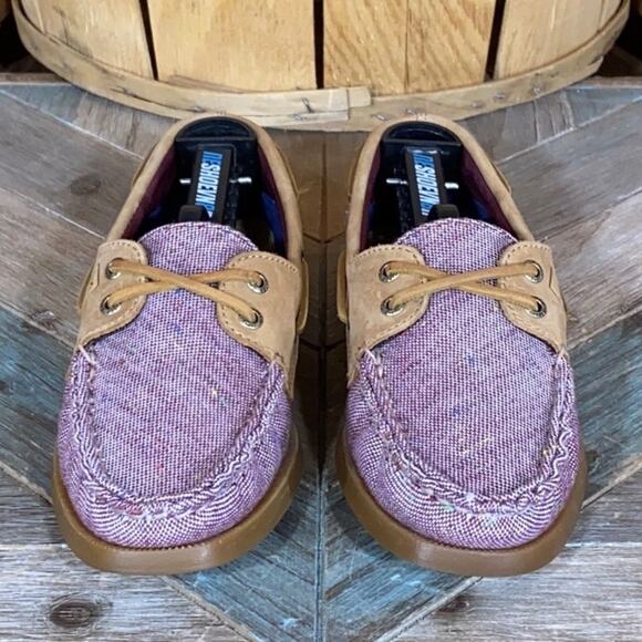 Sperry A/O 2-Eye Fleck Purple Canvas Tan Leather Loafer Boat Shoes Womens Size 7 - Picture 4 of 11